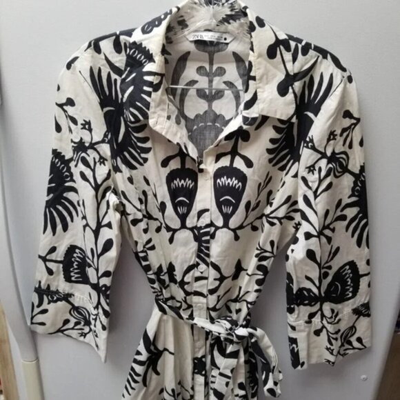 Zara Floral Printed Black White Kimono Belt Dress L - Picture 15 of 15